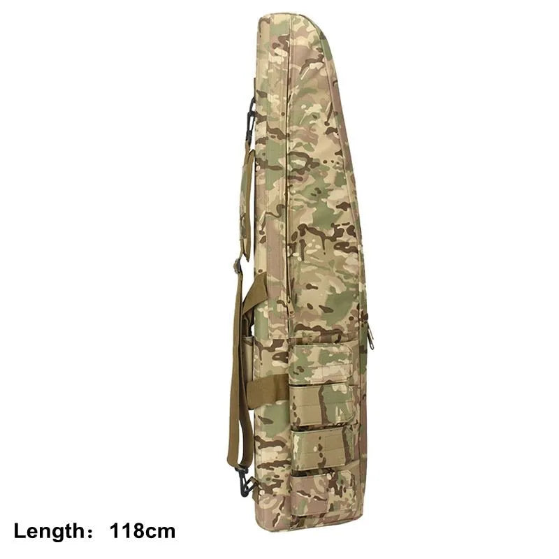Tactical Rifle Case in camo design, 118cm, with MOLLE webbing for hunting gear.