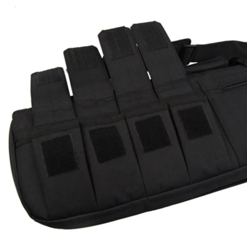 Water-resistant tactical rifle case with MOLLE webbing system, made from durable 600D Oxford fabric.