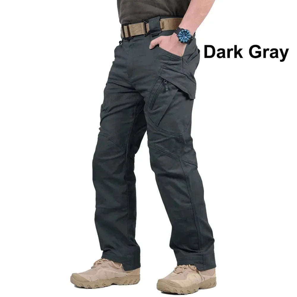 Dark gray tactical pants for men with cargo pockets, durable cotton-spandex blend, ideal for outdoor activities.