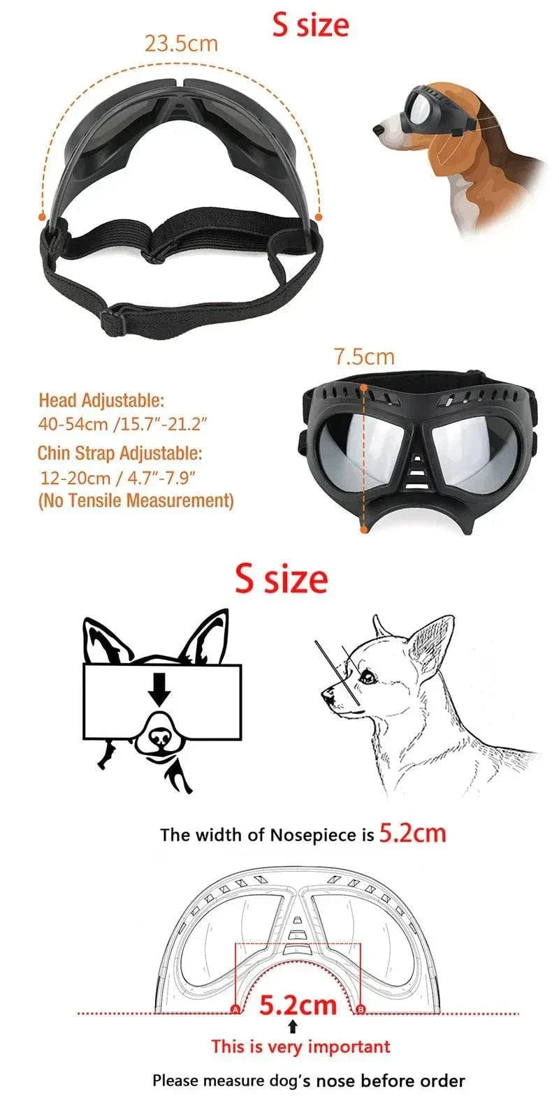 Tactical dog glasses for UV protection, windproofing, water resistance; adjustable fit for long snout dogs.