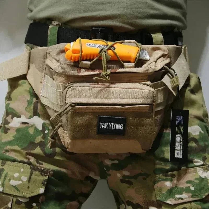 Tactical Bum Bag with multiple pockets, durable 600D material, camouflage design, and secure zippers for outdoor adventures.