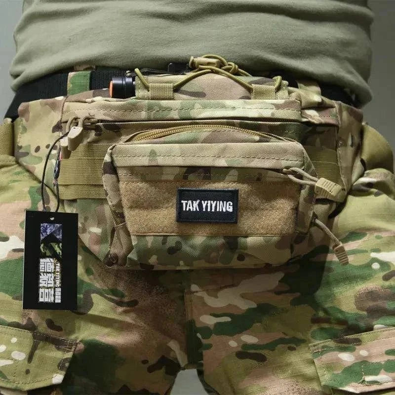 Camouflage Tactical Bum Bag with sturdy zippers and multiple pockets.
