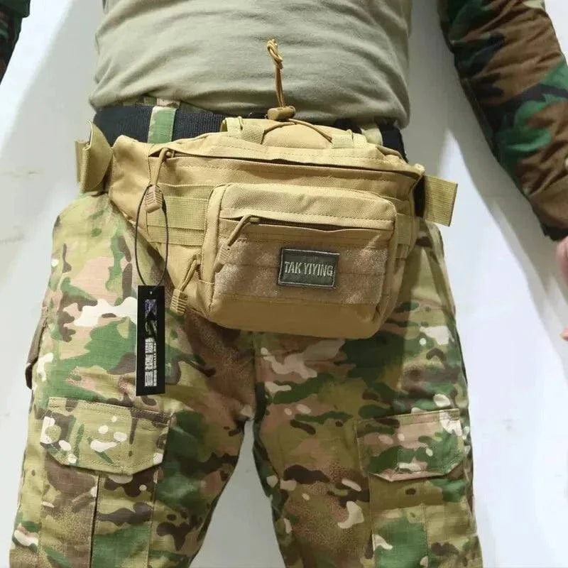 Tactical Bum Bag in camo on waist, ideal for outdoor adventures.