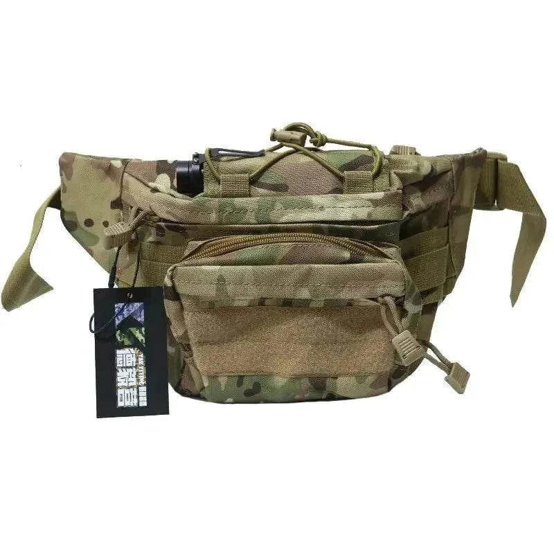 Tactical Bum Bag in camouflage design with multiple pockets and sturdy zippers, versatile for adventures and daily use.