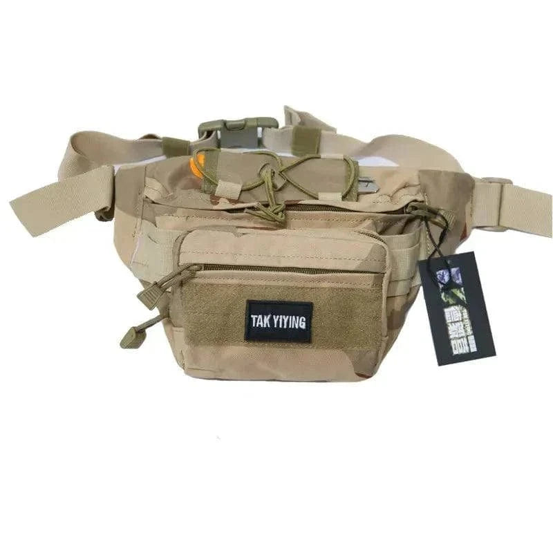 Tactical Bum Bag in beige with multiple pockets, durable 600D material, and patch-ready space.