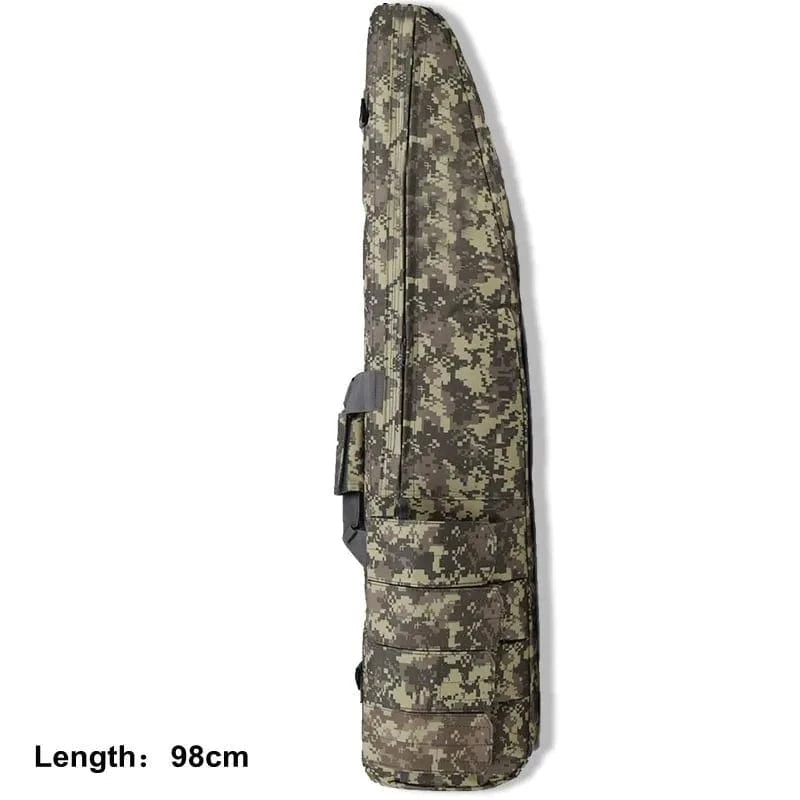 Water-resistant tactical rifle case with MOLLE webbing, 98cm long, camouflage pattern.