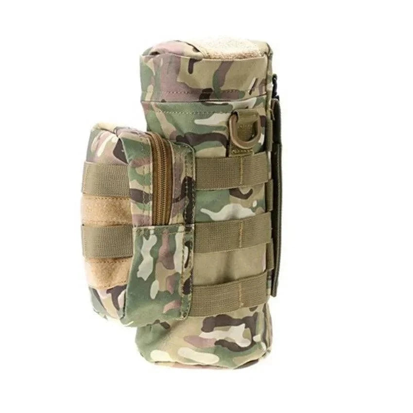 Tactical water bottle carrier with camouflage design and MOLLE system integration.