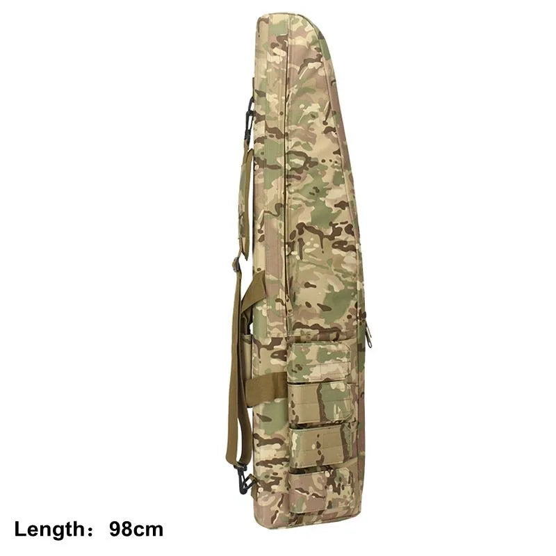 Tactical Rifle Case, 600D Oxford fabric, water-resistant, heavy-duty long gun bag with MOLLE webbing, camouflage design.