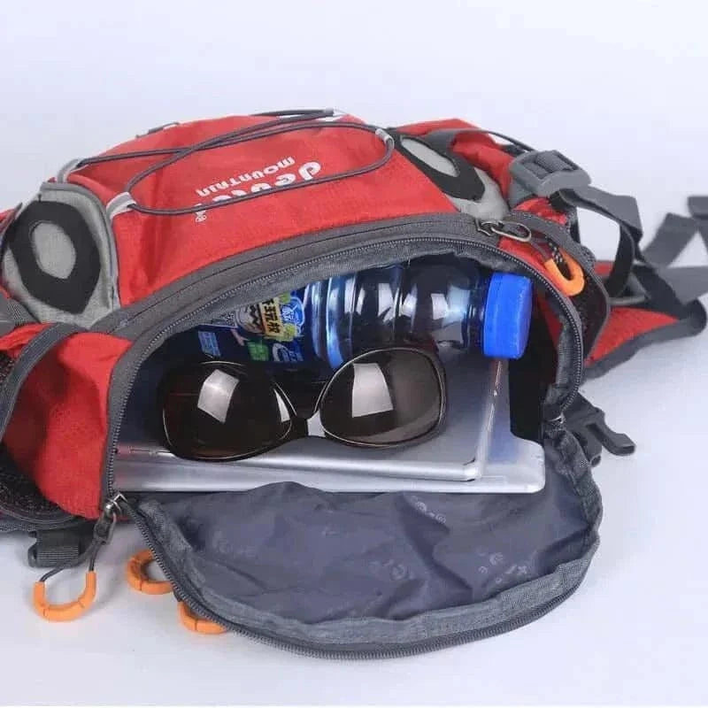 AdaptiPack Nylon Outdoor Companion open to reveal contents including a water bottle, sunglasses, and a tablet.