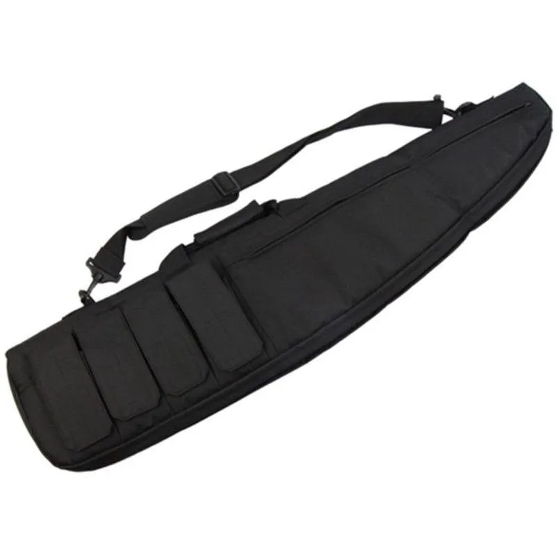 Tactical Rifle Case in black with MOLLE webbing, designed for hunting and airsoft, made of durable 600D Oxford fabric.