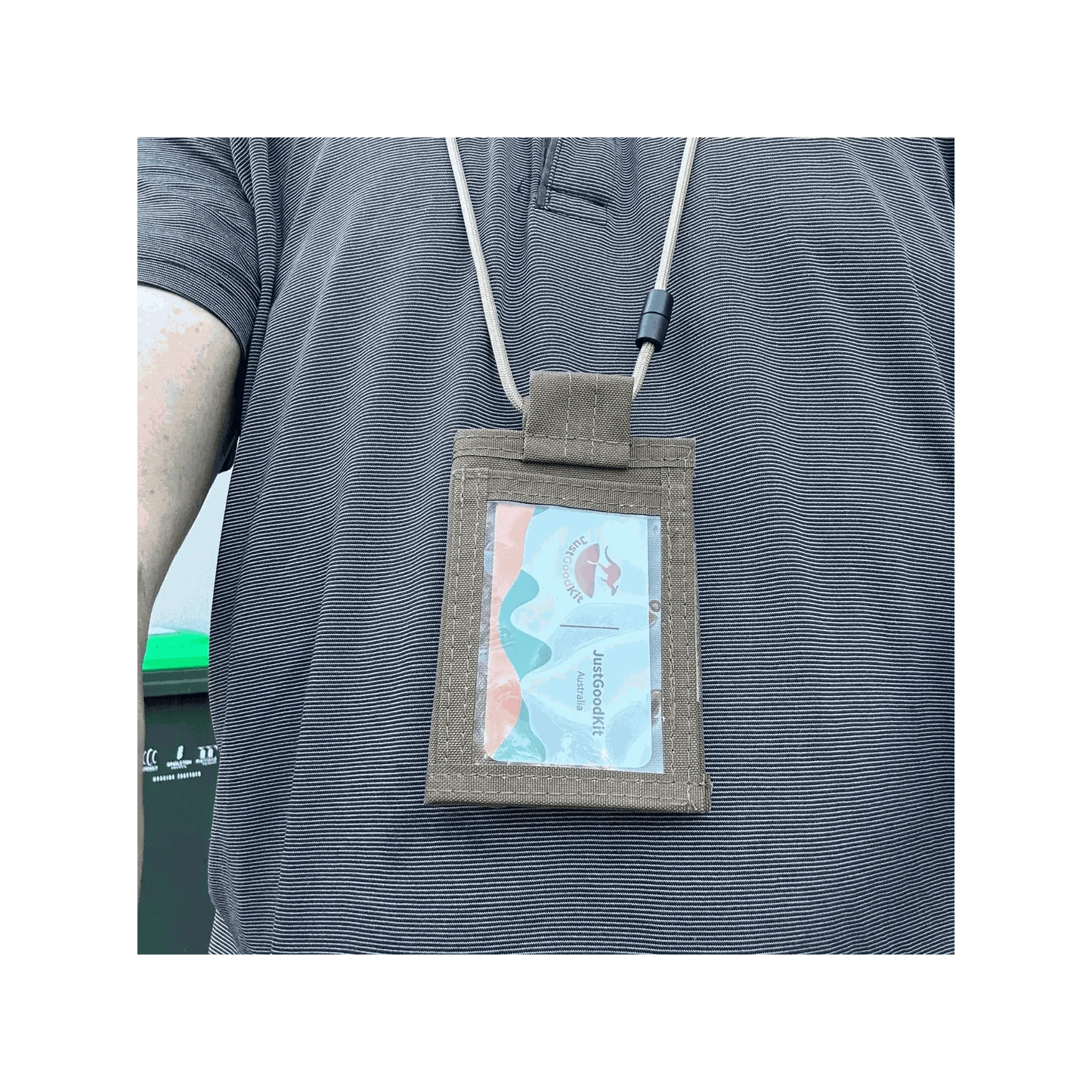Tactical ID Holder worn around neck with visible ID card in PVC window.