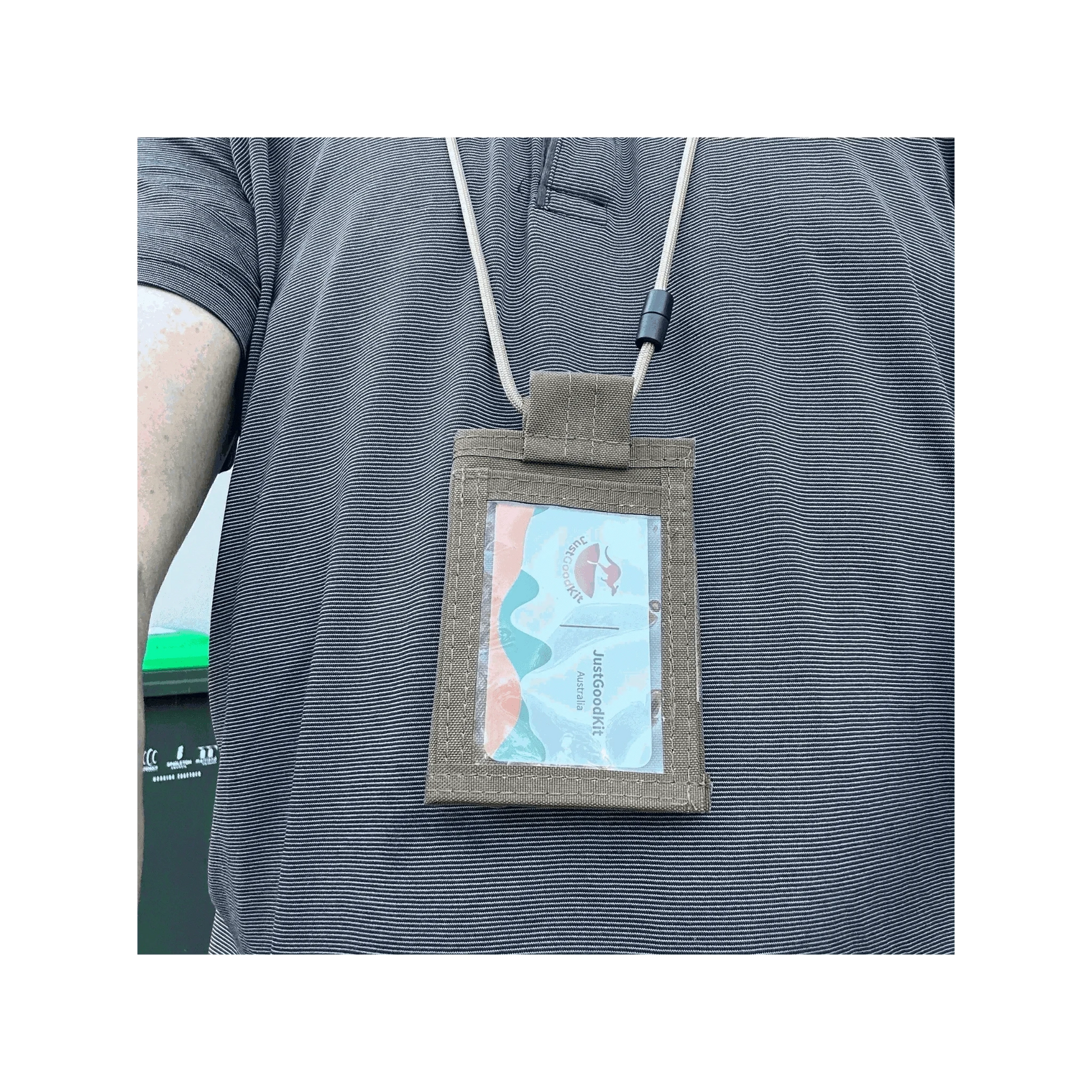 Tactical ID Holder worn around neck with visible ID card in PVC window.