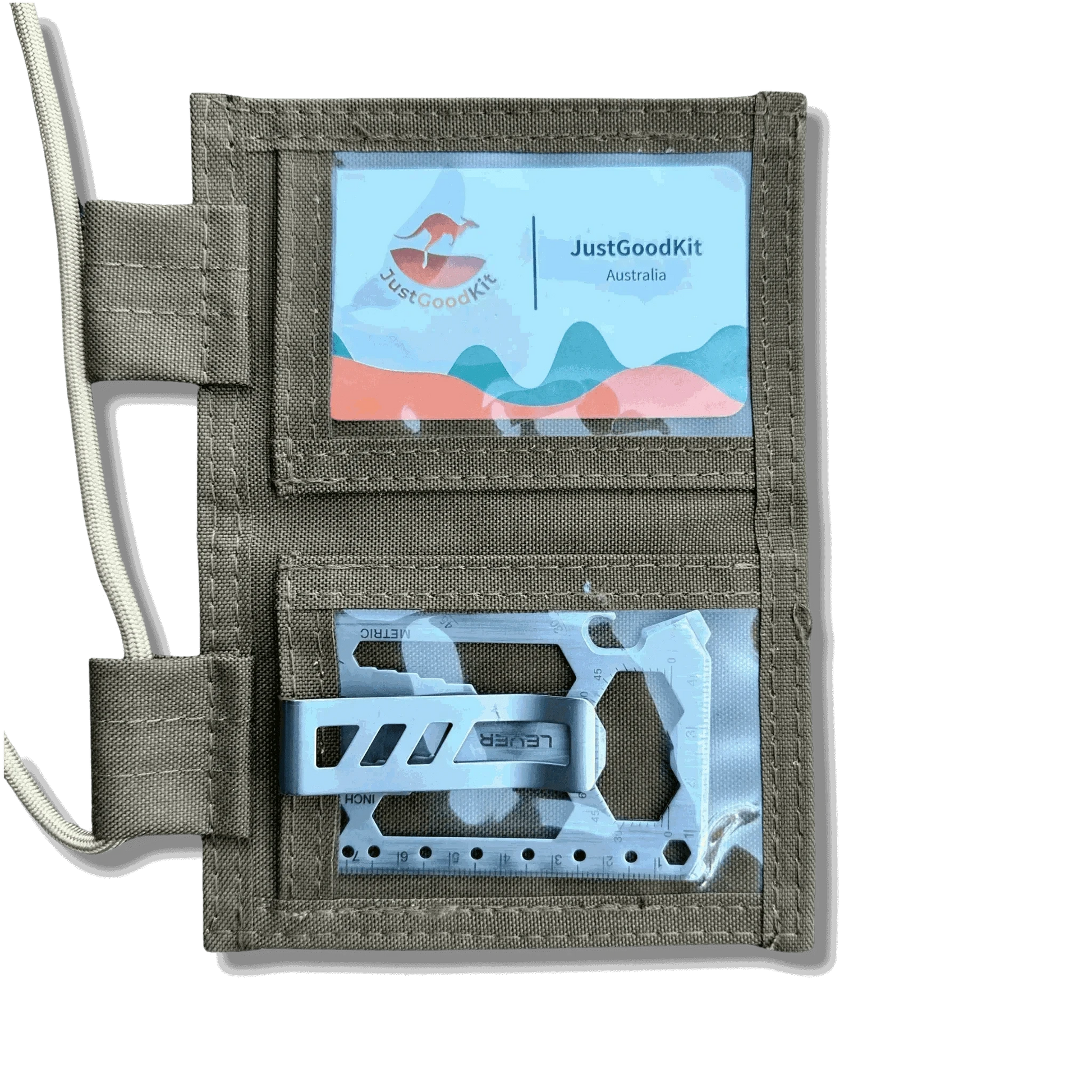 Tactical ID holder with nylon build, featuring versatile compartments and clear PVC windows for cards and IDs.