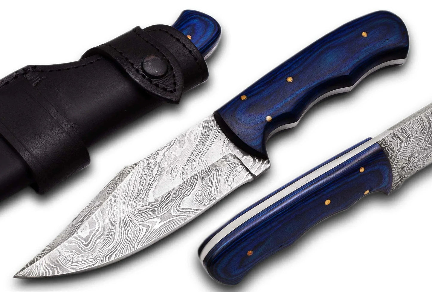 Damascus Steel Hunting Knife with pattern welded blade, Pakka wood handle, and leather sheath.