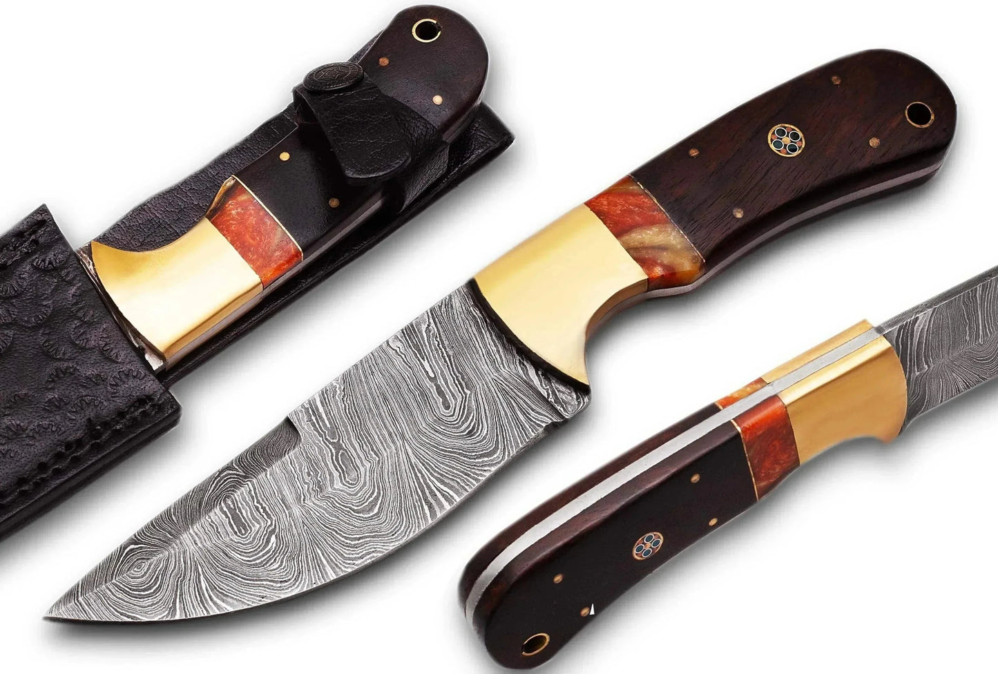 Damascus Steel Hunting Knife with patterned blade, wooden handle, and custom leather sheath.
