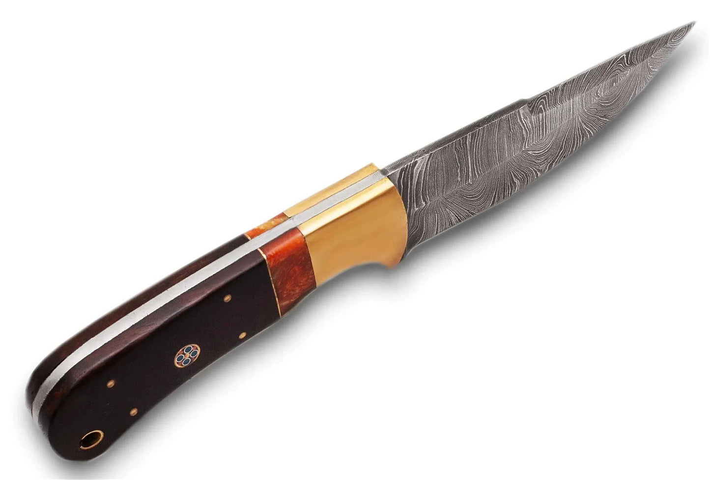 Damascus Steel Hunting Knife with Pakka Wood handle and Damascus bolster.