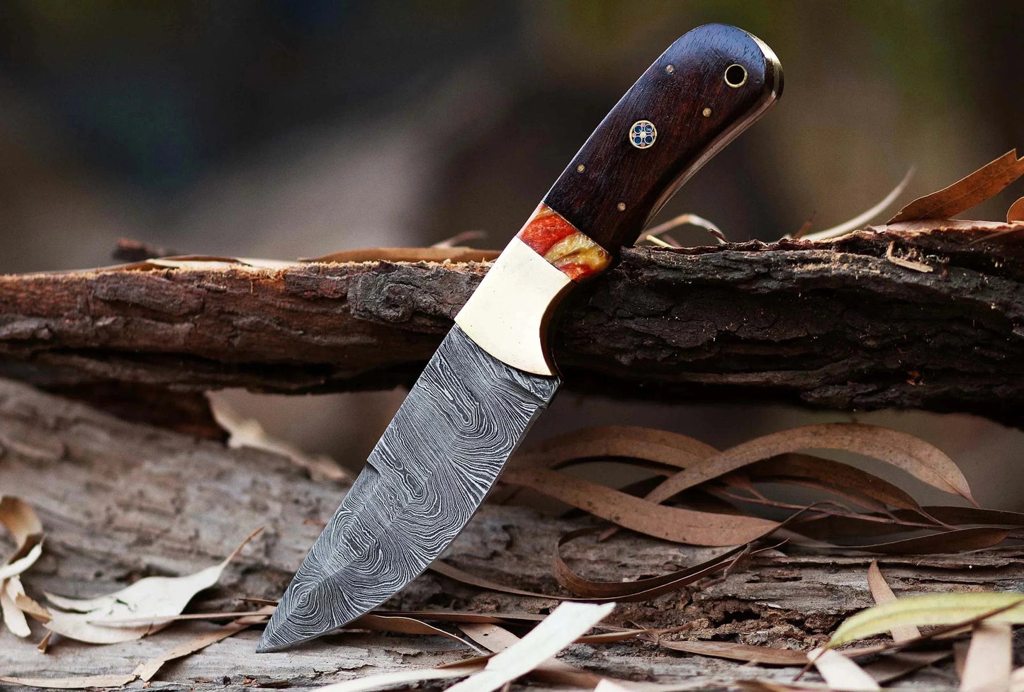 Damascus Steel Hunting Knife with hand-forged patterned blade and Pakka Wood handle resting on wood.