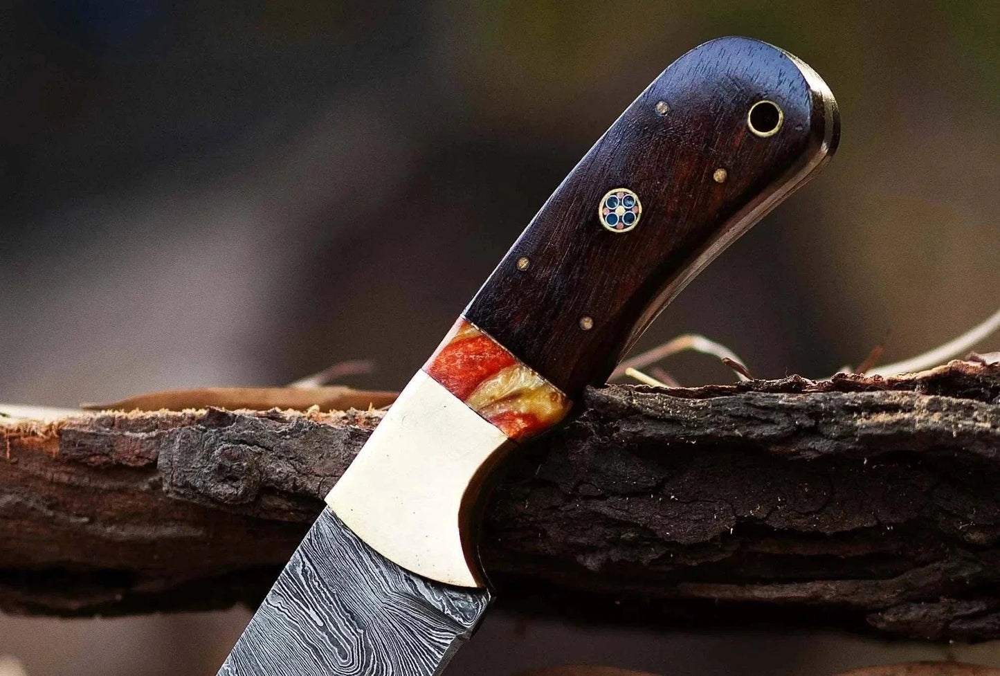 Damascus Steel Hunting Knife with Pakka Wood Handle and Custom Leather Sheath.