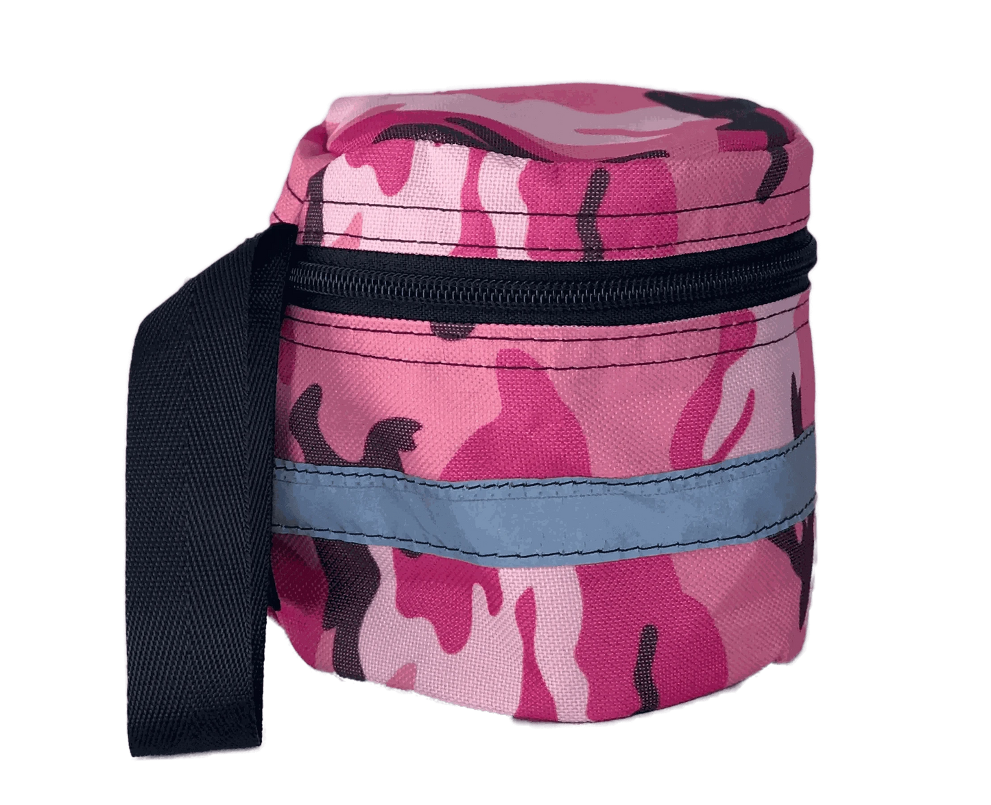 Durable pink nylon toilet roll holder with wristband and reflective tape.