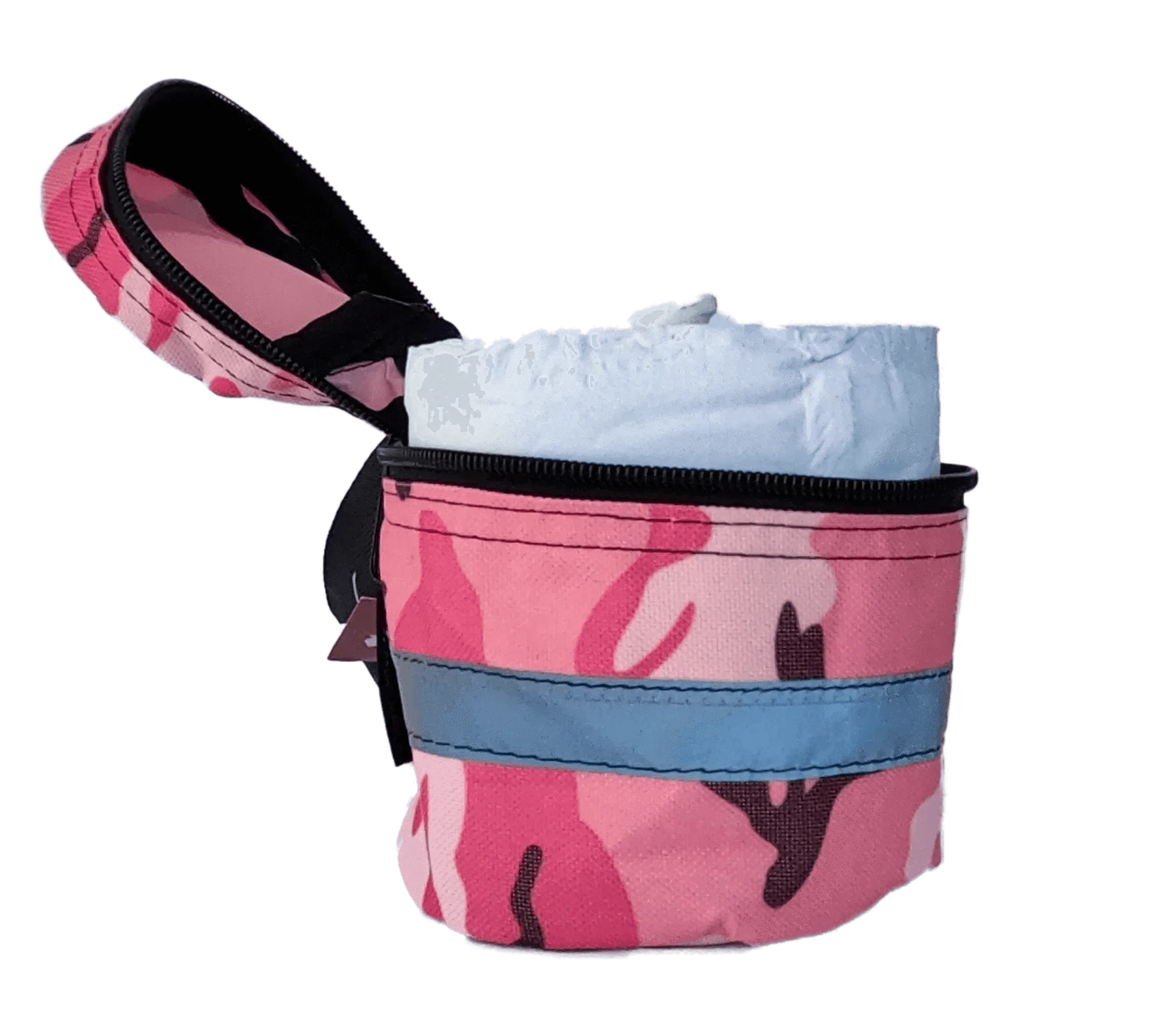 Durable water-resistant nylon toilet roll storage with wristband and reflective tape.