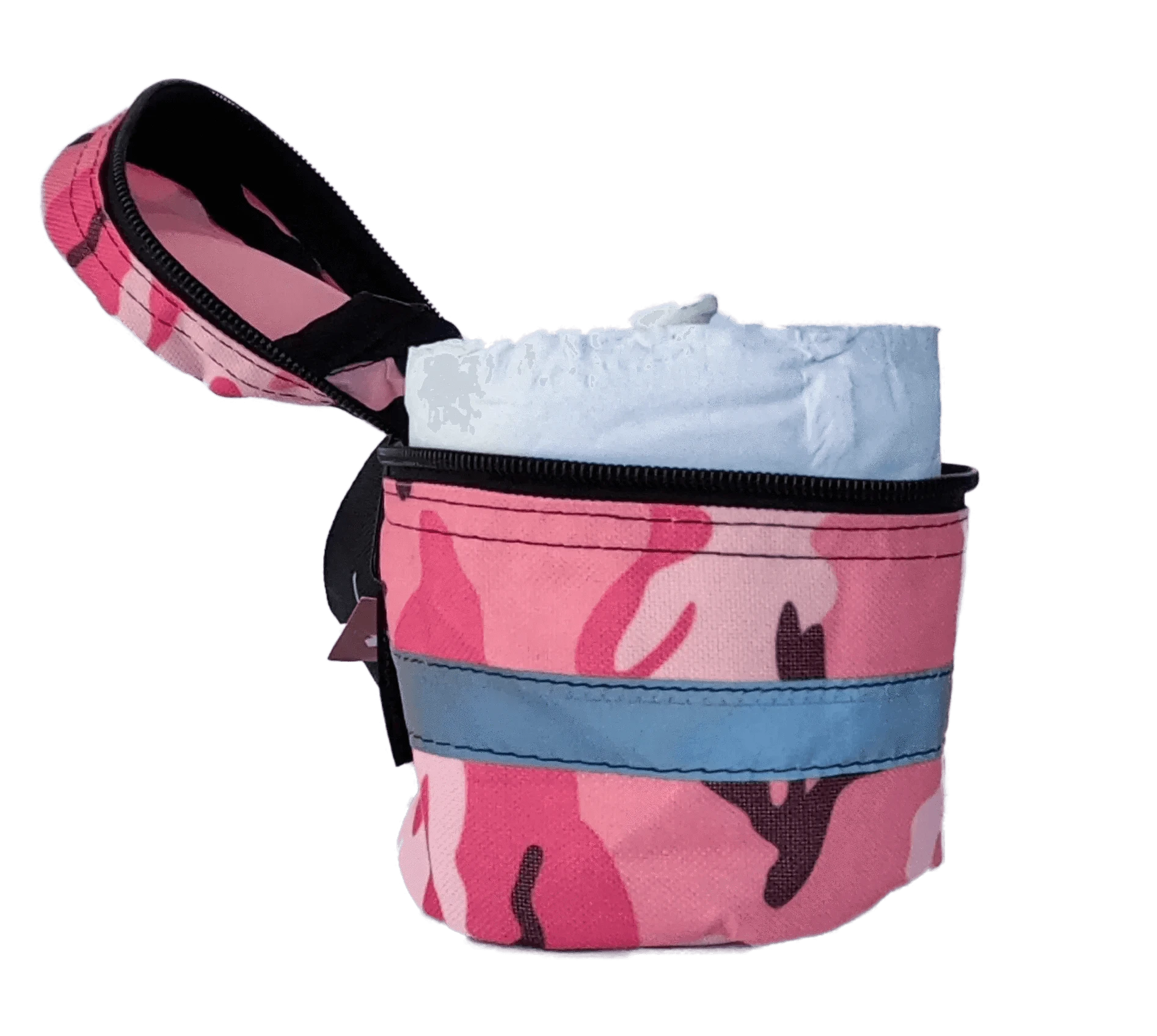 Durable water-resistant nylon toilet roll storage with wristband and reflective tape.