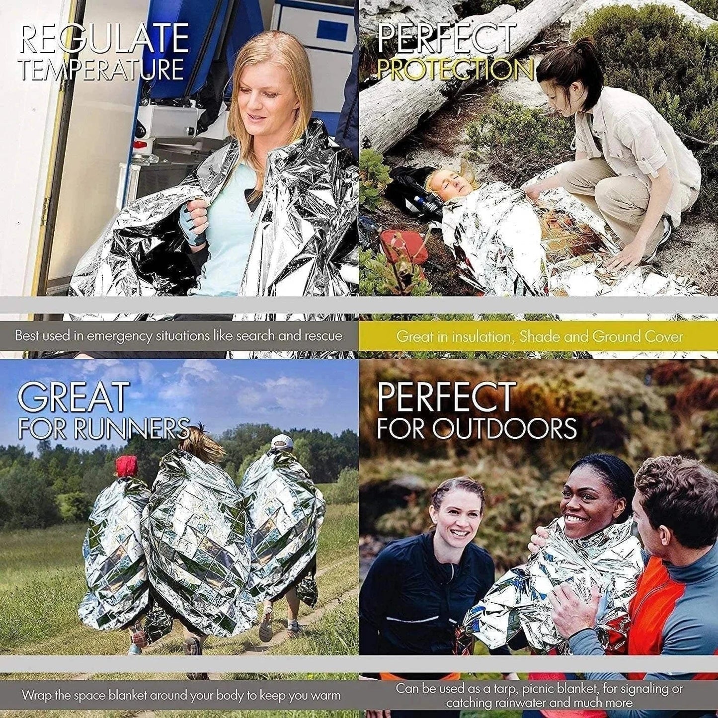 Thermal Blanket for outdoor adventures, showcasing versatility in regulating temperature, protection, and emergency use; ideal for camping and hiking.