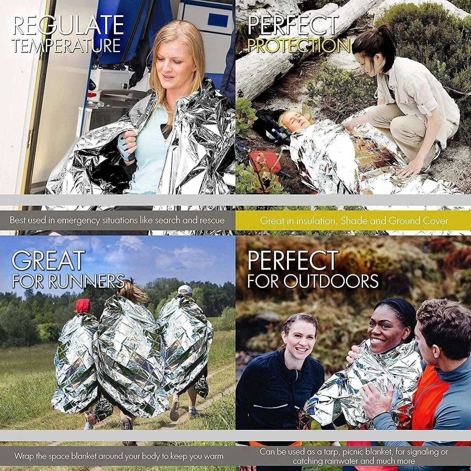 Thermal Blanket for outdoor adventures, showcasing versatility in regulating temperature, protection, and emergency use; ideal for camping and hiking.