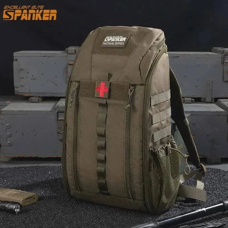 Medical backpack for survival and emergency with tactical design and red cross emblem.