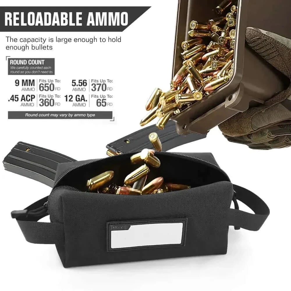 Compact Tactical Tool Bag displaying storage capacity for various ammo types against an outdoor backdrop.