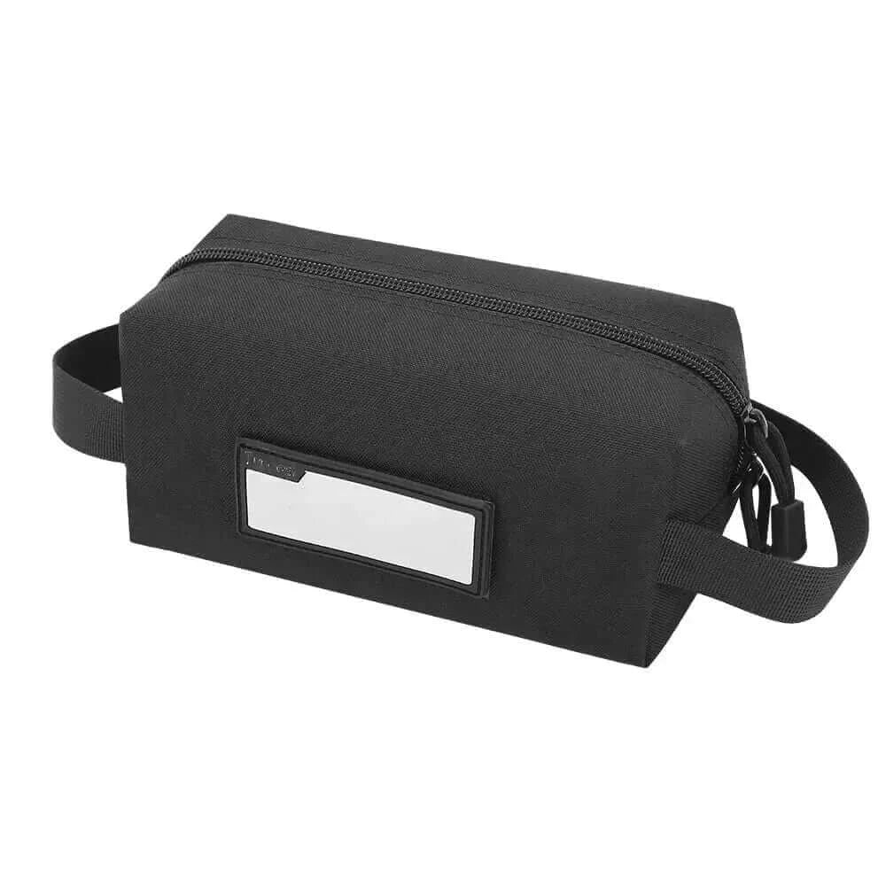 Compact tactical tool bag with multiple compartments, durable 600D polyester material, and ID patch area for organized outdoor storage.