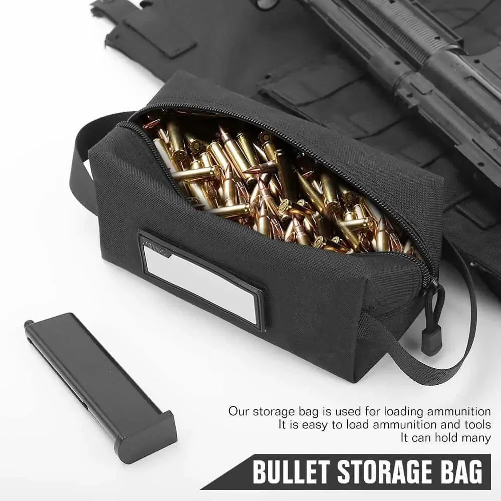 Compact tactical tool bag filled with ammunition, zipper open, black exterior, displayed on tactical gear.