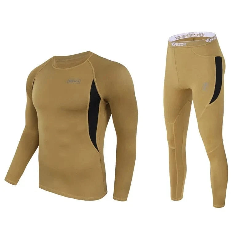 Thermal underwear for men in brown, designed for outdoor and military use with superior warmth and moisture-wicking technology.