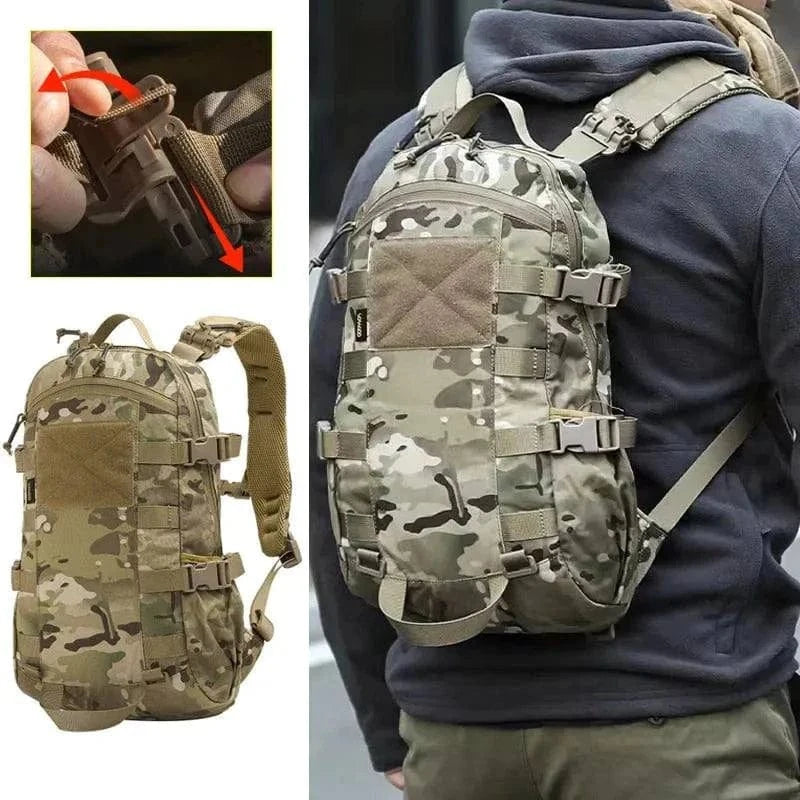 Tactical MOLLE Backpack with camouflage design, featuring multiple compartments, MOLLE webbing, and integrated hydration bladder for outdoor activities.