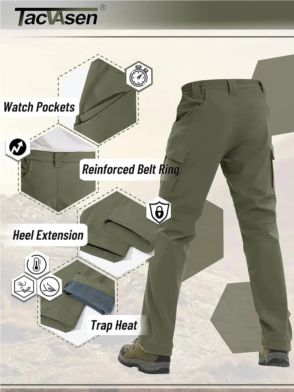 Men's tactical hiking pants with reinforced belt ring, watch pockets, and trap heat feature for cold-weather adventures.