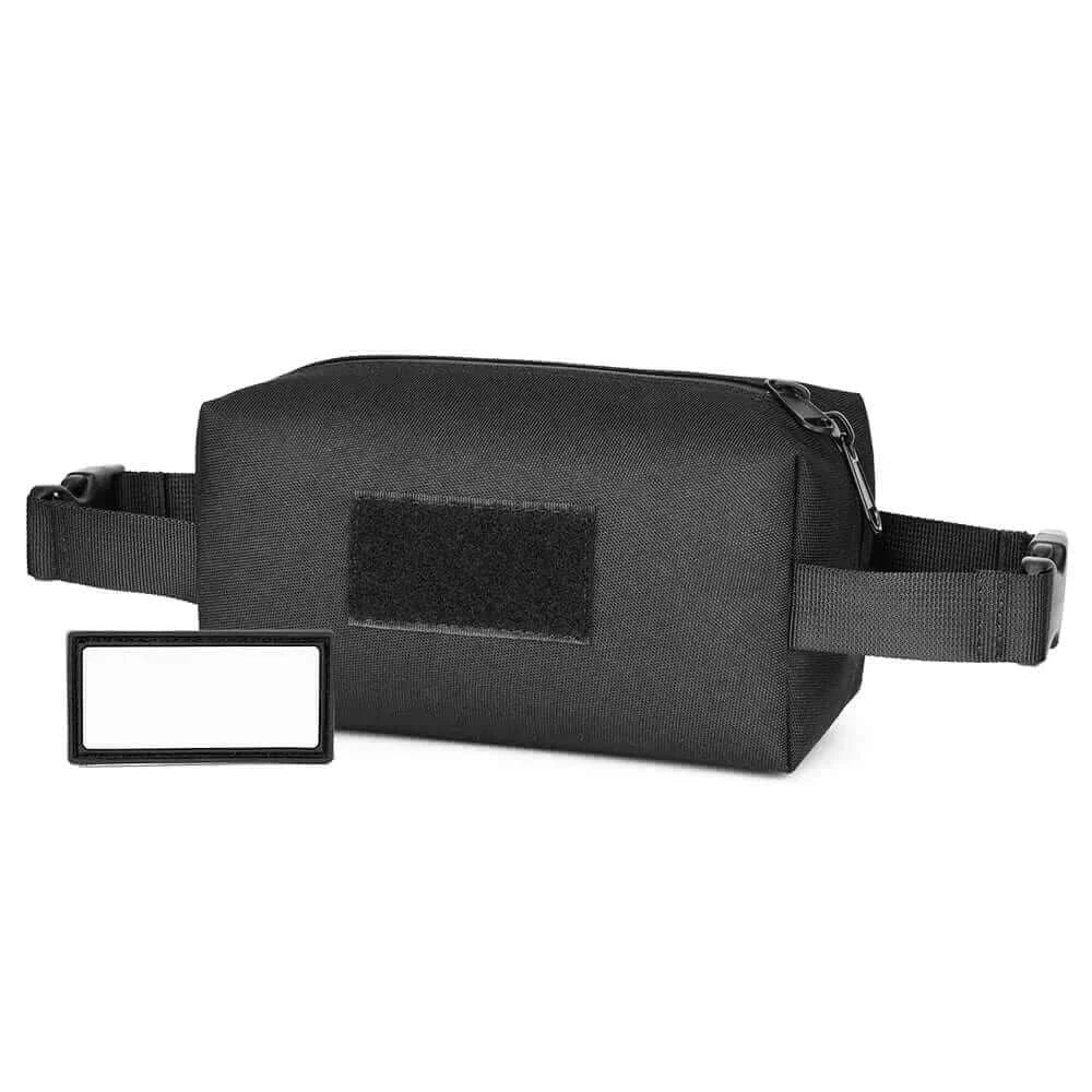 Compact black tactical tool bag with patch area and zipper closure.
