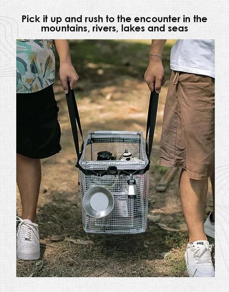 Camping Storage Bag being carried outdoors with camping gear attached.