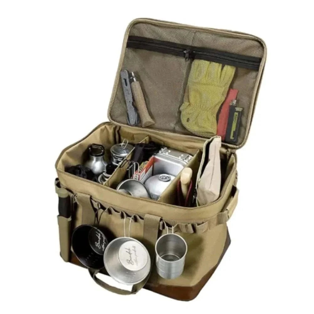 Camping Storage Bag with compartments, multiple hooks, and high-strength fabric for organizing camping gear.