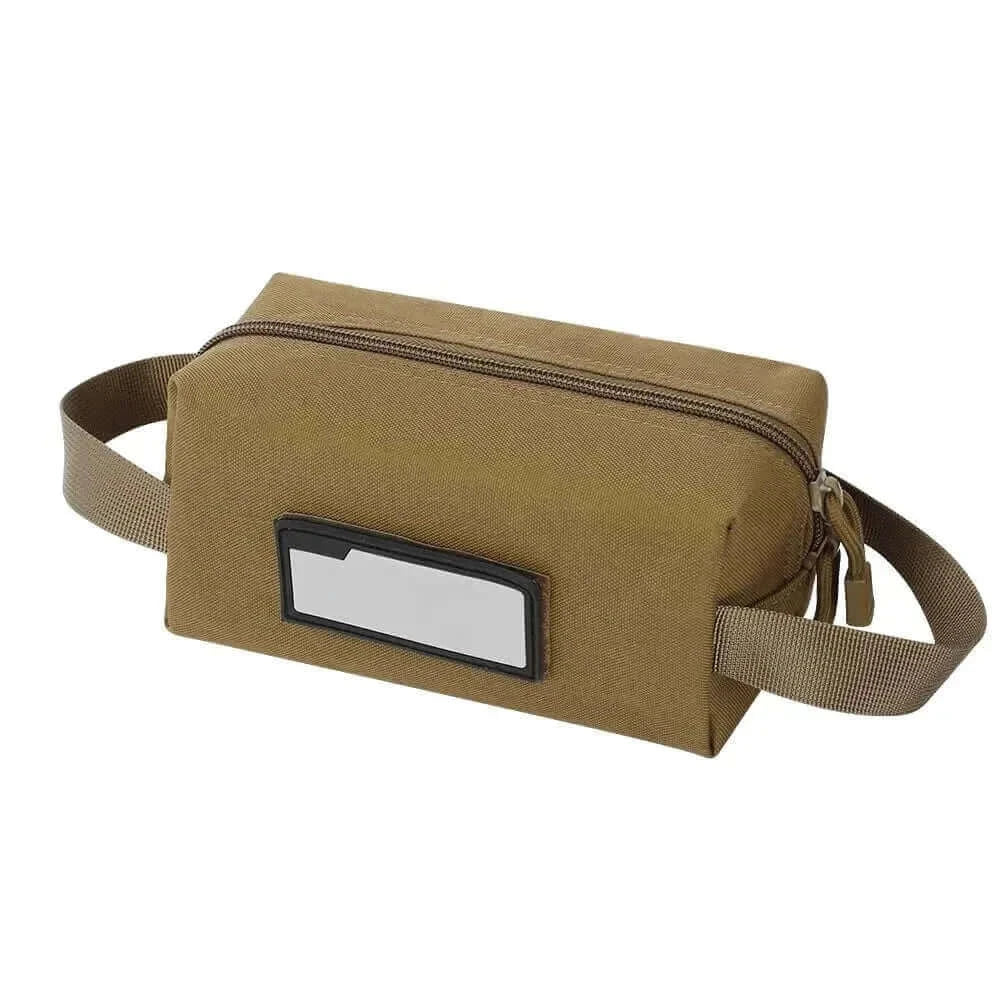 Compact tactical tool bag with zipper closure and ID patch, durable 600D polyester exterior, ideal for outdoor gear organization.