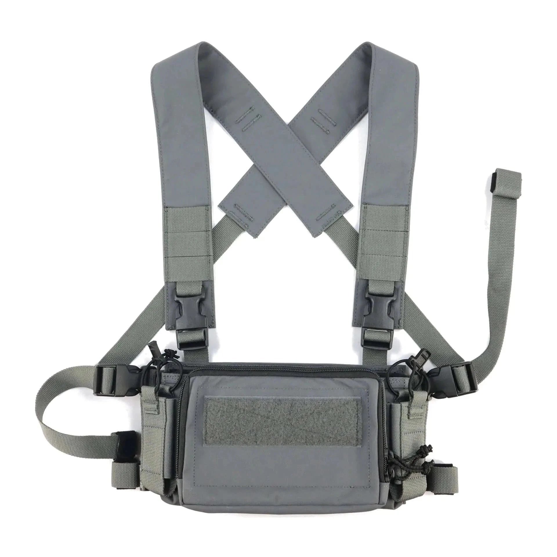 Chest Rig Tactical Airsoft with Camo X-Strap, military-grade, quick-release, multiple pouches, adjustable, durable fabric.
