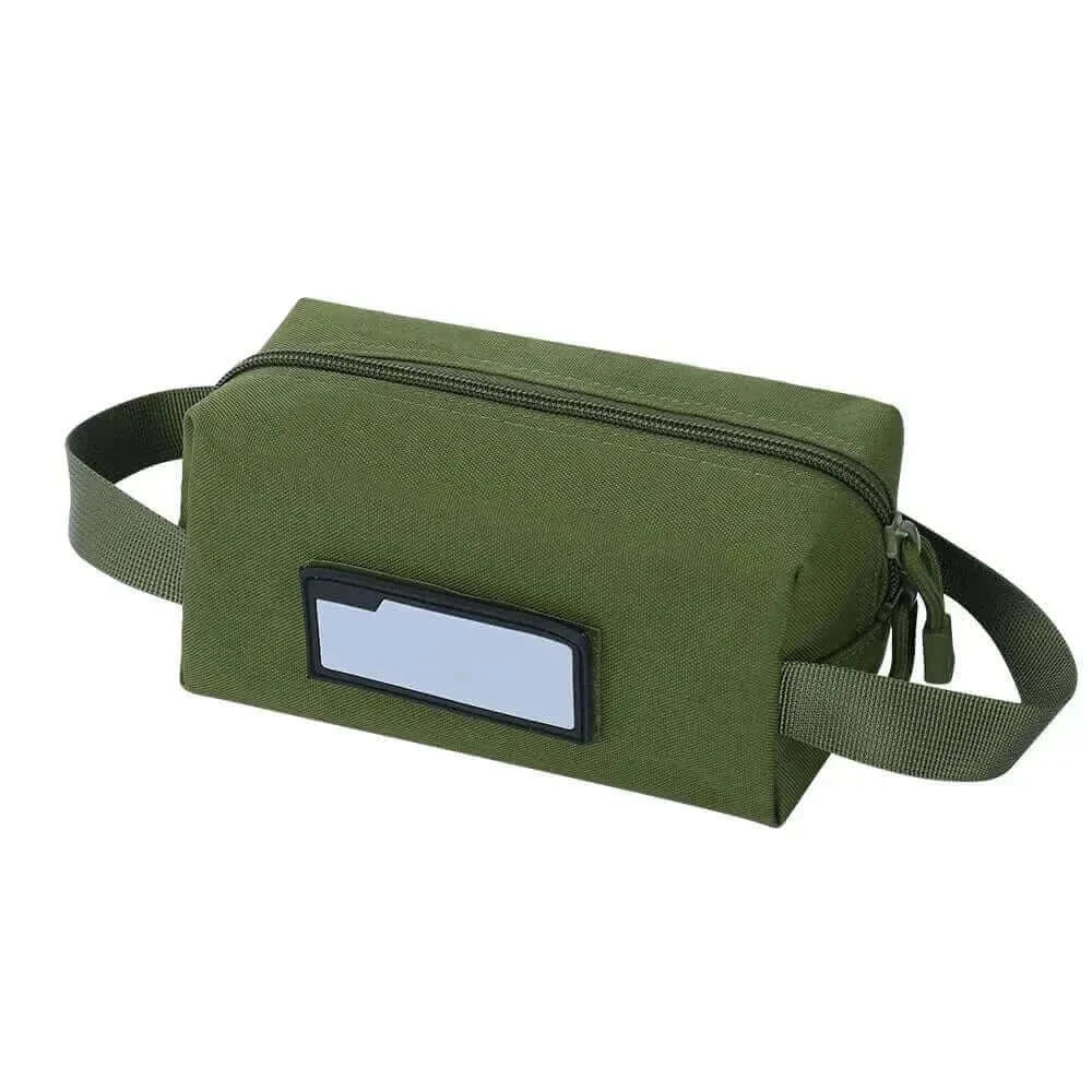Compact tactical tool bag in green with zipper, loop panel, and ID patch area for outdoor organization.