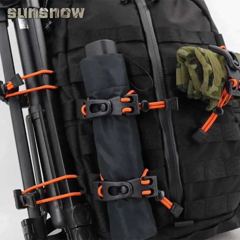 Multi-Purpose MOLLE Webbing Buckle Clip securing gear on tactical backpack.