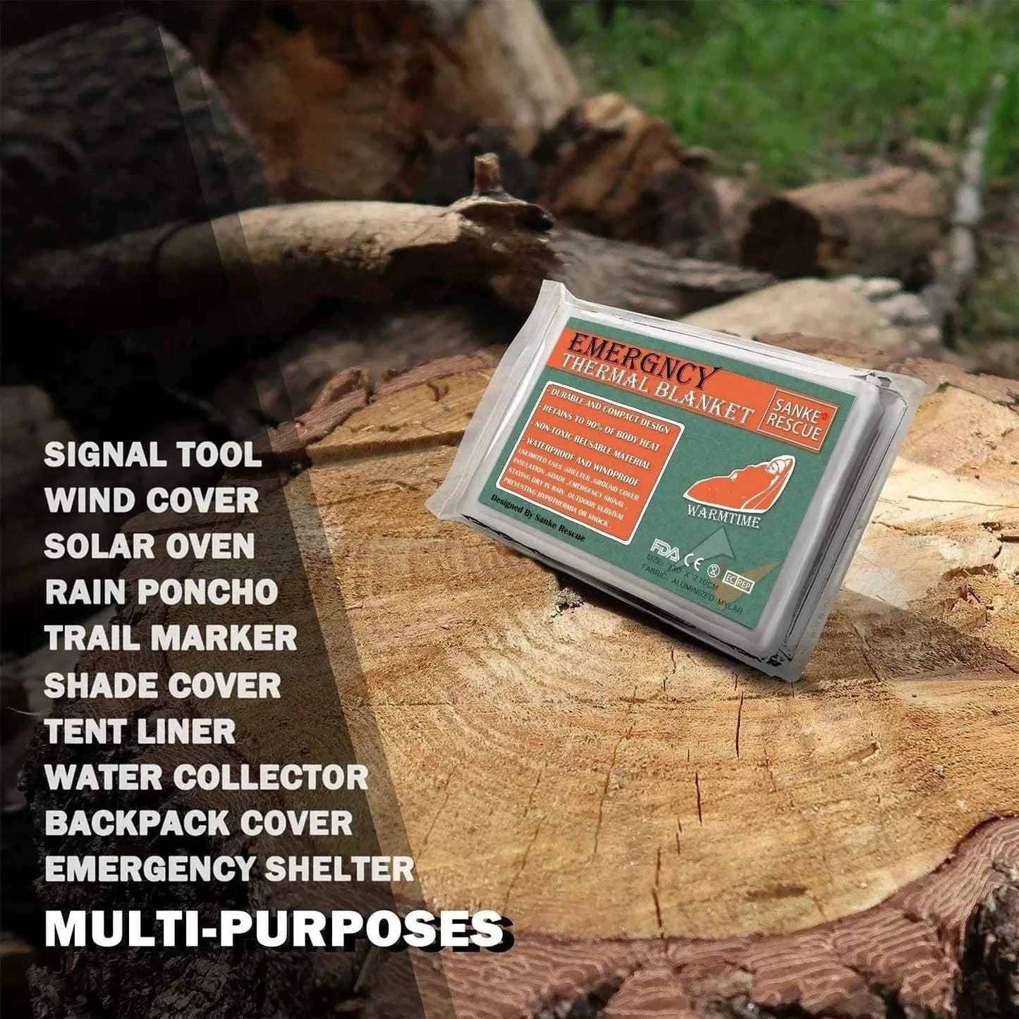 Thermal blanket for outdoor adventures and emergency situations on a wood stump.