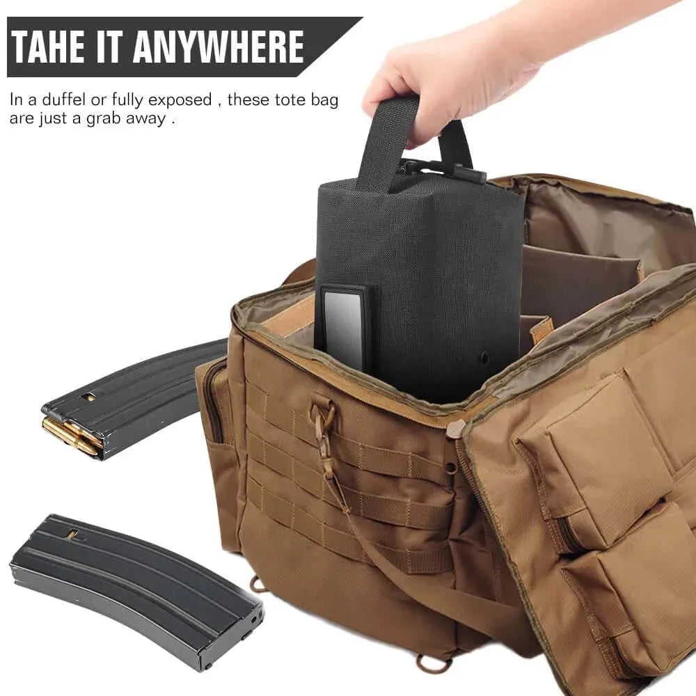 Compact tactical tool bag with durable compartments, ideal for organizing gear outdoors.