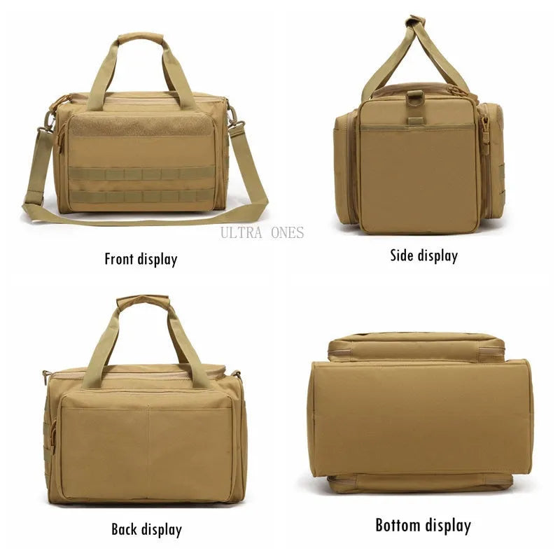 Tactical Range Bag in tan, waterproof Oxford nylon, showcasing front, side, back, and bottom views with MOLLE system integration.