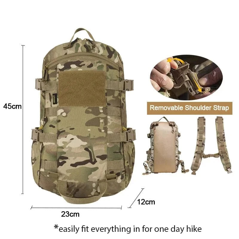 Tactical MOLLE Backpack featuring camouflage design, multiple compartments, and removable shoulder straps for versatile outdoor use.