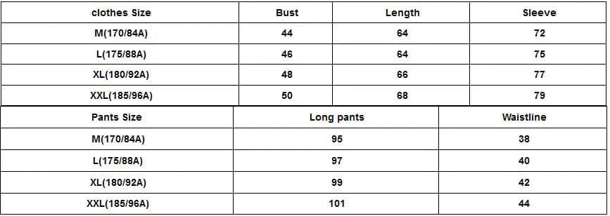 Size chart for men's thermal underwear showing measurements for bust, length, sleeve, long pants, and waistline in sizes M, L, XL, XXL.