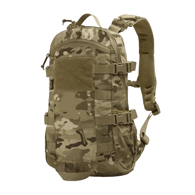 Tactical MOLLE Backpack in camouflage design with multiple compartments and hydration system for outdoor activities.