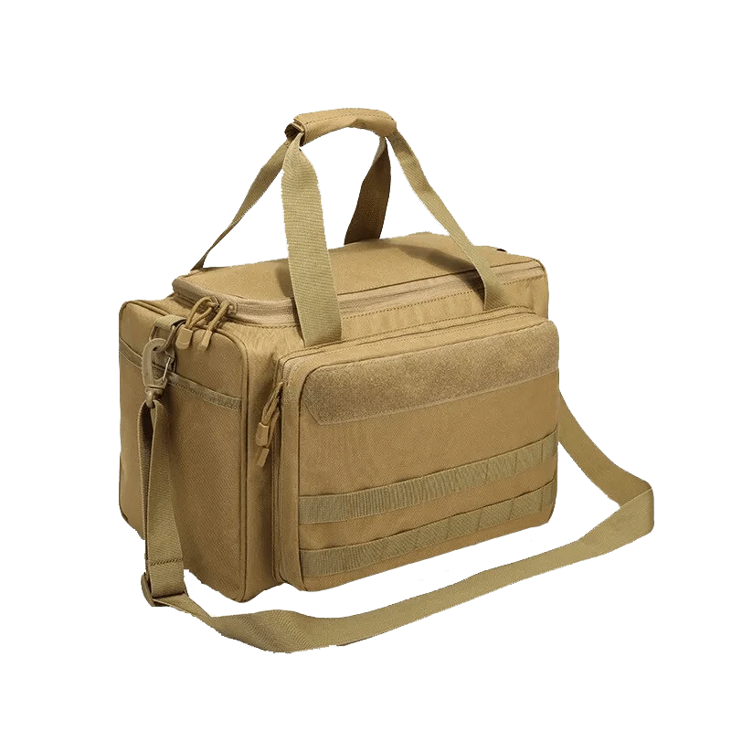 Tactical Range Bag in tan color, made from waterproof Oxford nylon, featuring Molle system and adjustable compartments for outdoor activities.