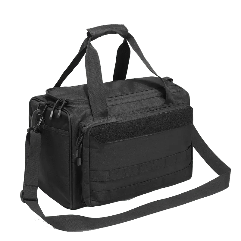 Tactical Range Bag in black, waterproof Oxford nylon, featuring MOLLE system and adjustable shoulder strap.