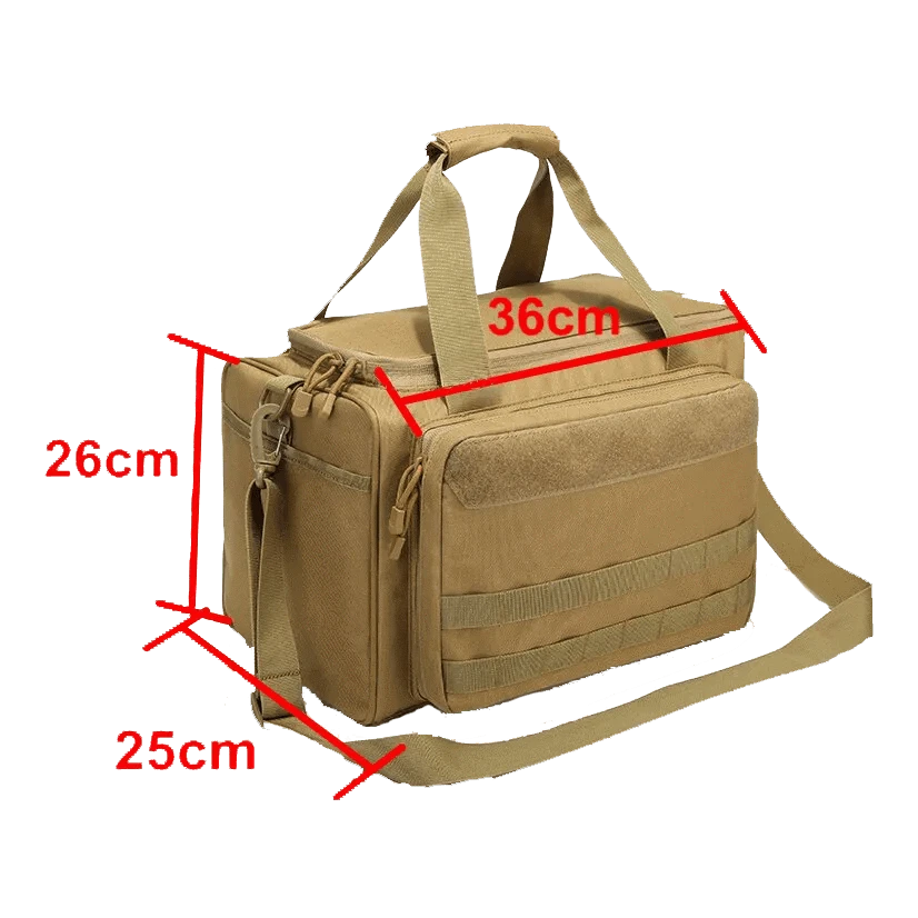 Tactical Range Bag in tan, Oxford nylon, MOLLE system, waterproof, 26x25x36cm.